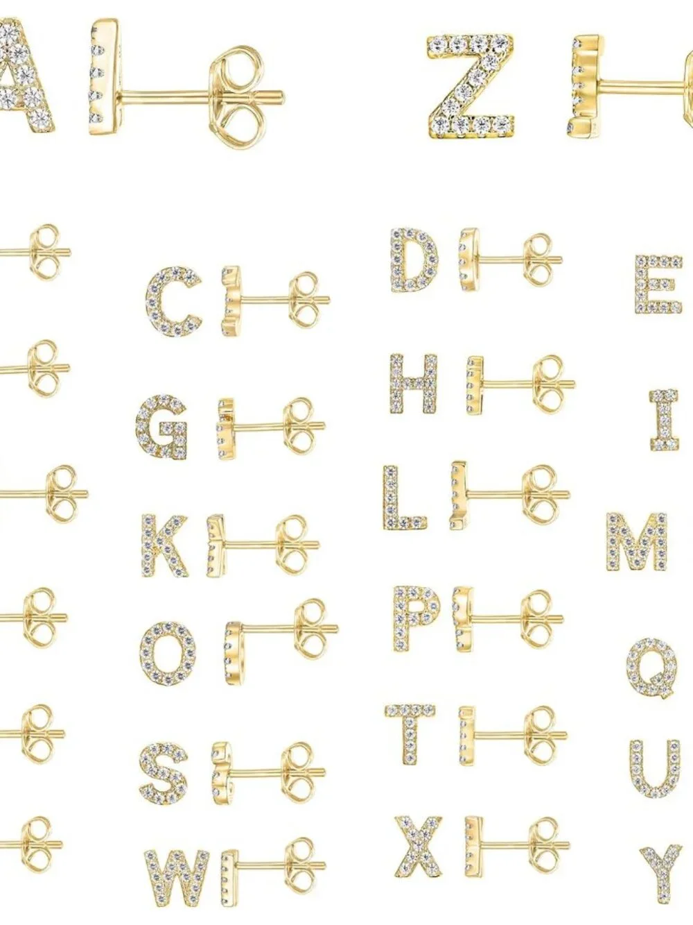 14K Gold Plated 925 Sterling Silver Cubic Zirconia Initial Letter Stud Earrings - Picture 3 of 5